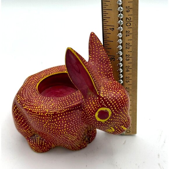 Oaxacan Mexican Stone Hand Painted Signed Bunny Rabbit Tea Light Heavy - Picture 7 of 10